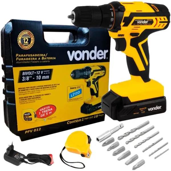 Furadeira e Parafusadeira à Bateria 12V bivolt pfv 012 com Kit de Brocas e Bits vonder
